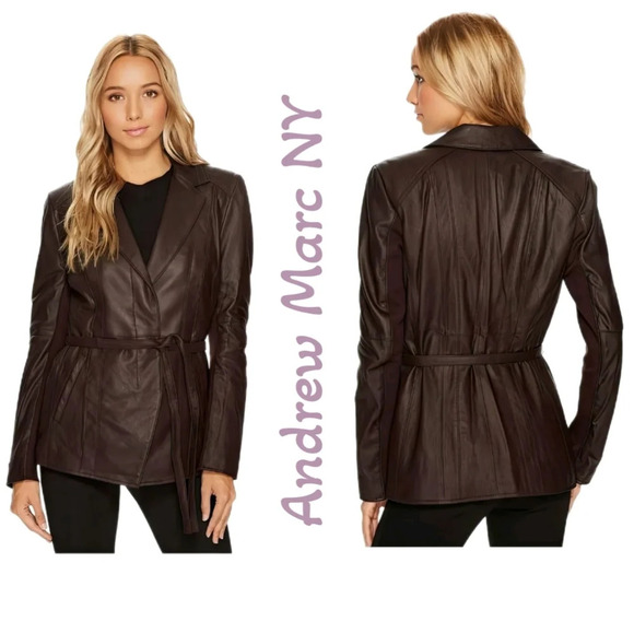 Andrew Marc Leather Jacket Womens Sz S Burgundy Butter Soft Tie & Button - Picture 1 of 16